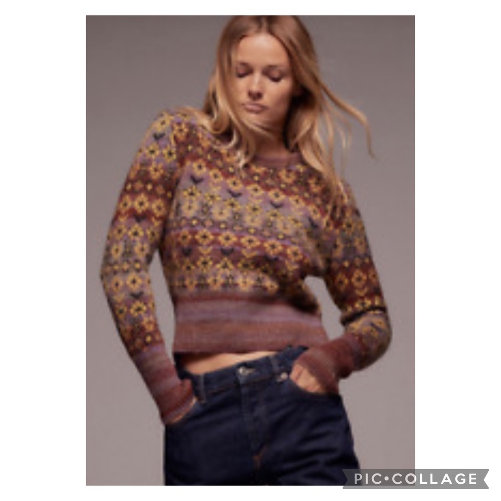 Zara Knit Mauve Jacquard Floral Crewneck Sweater Size Small